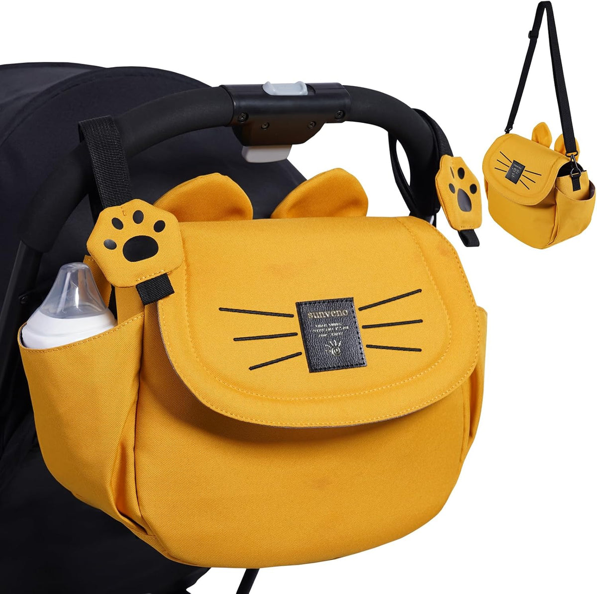 SUNVENO Universal Stroller Organizer with Cup Holder and Shoulder Strap, Cute Cartoon Cat Design, Diaper Bag with Multiple Inner Pockets, Fits Uppababy, Baby Jogger, Britax & Pet Strollers,Yellow