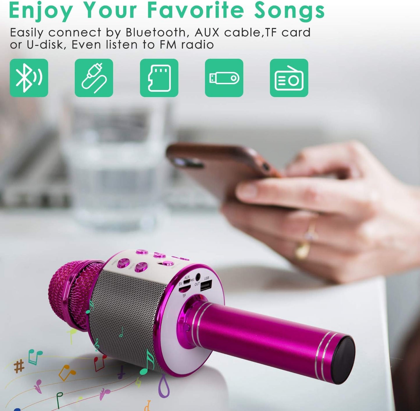 KIDWILL Wireless Bluetooth Karaoke Microphone for Kids, 5-in-1 Portable Handheld Karaoke Mic Speaker Player Recorder with Adjustable Remix FM Radio for Kids Girls Boys Teens Birthday-Hot Pink