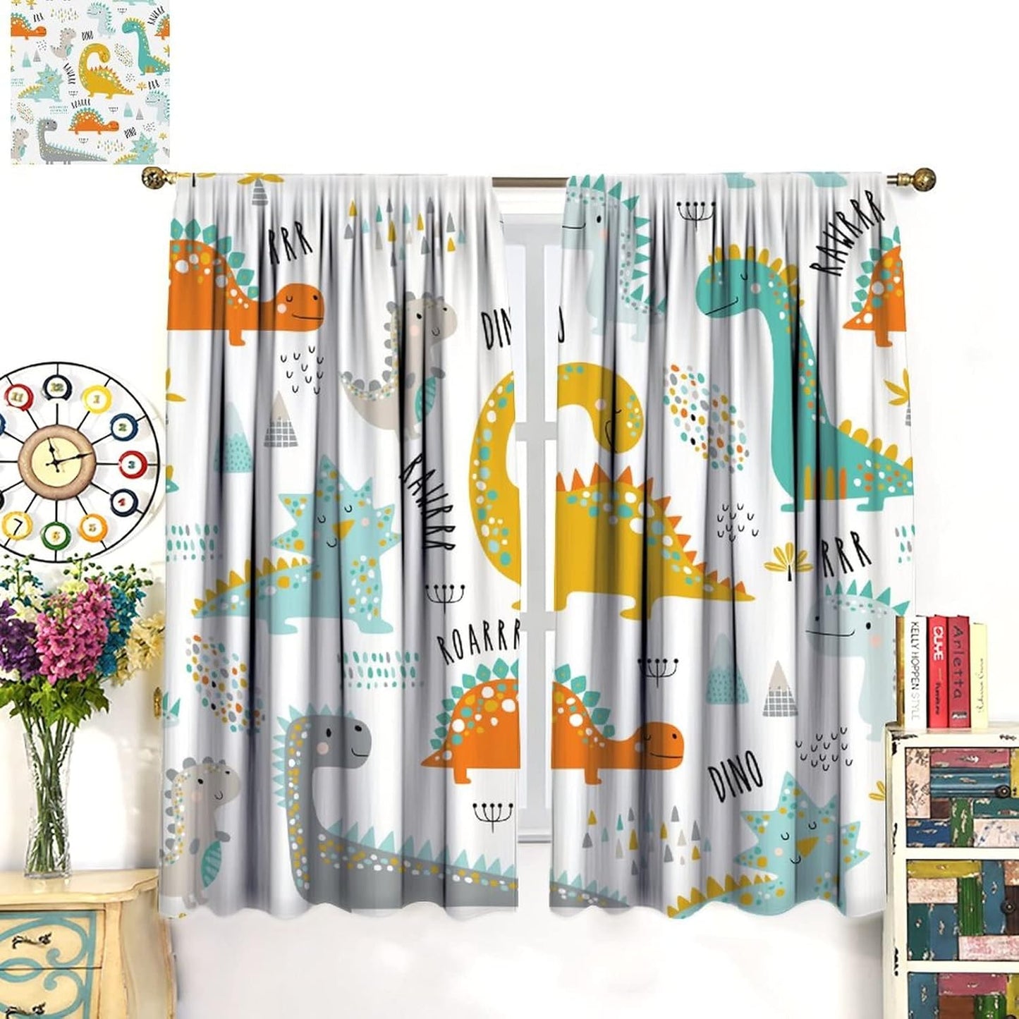 Dinosaur Curtains for Kids Boys Girls Home Decor Childish Cute Dino Animals Print Pattern Rod Pocket Blackout Window Drapes for Nursery Baby Bedroom Playroom W21xL45in Decor