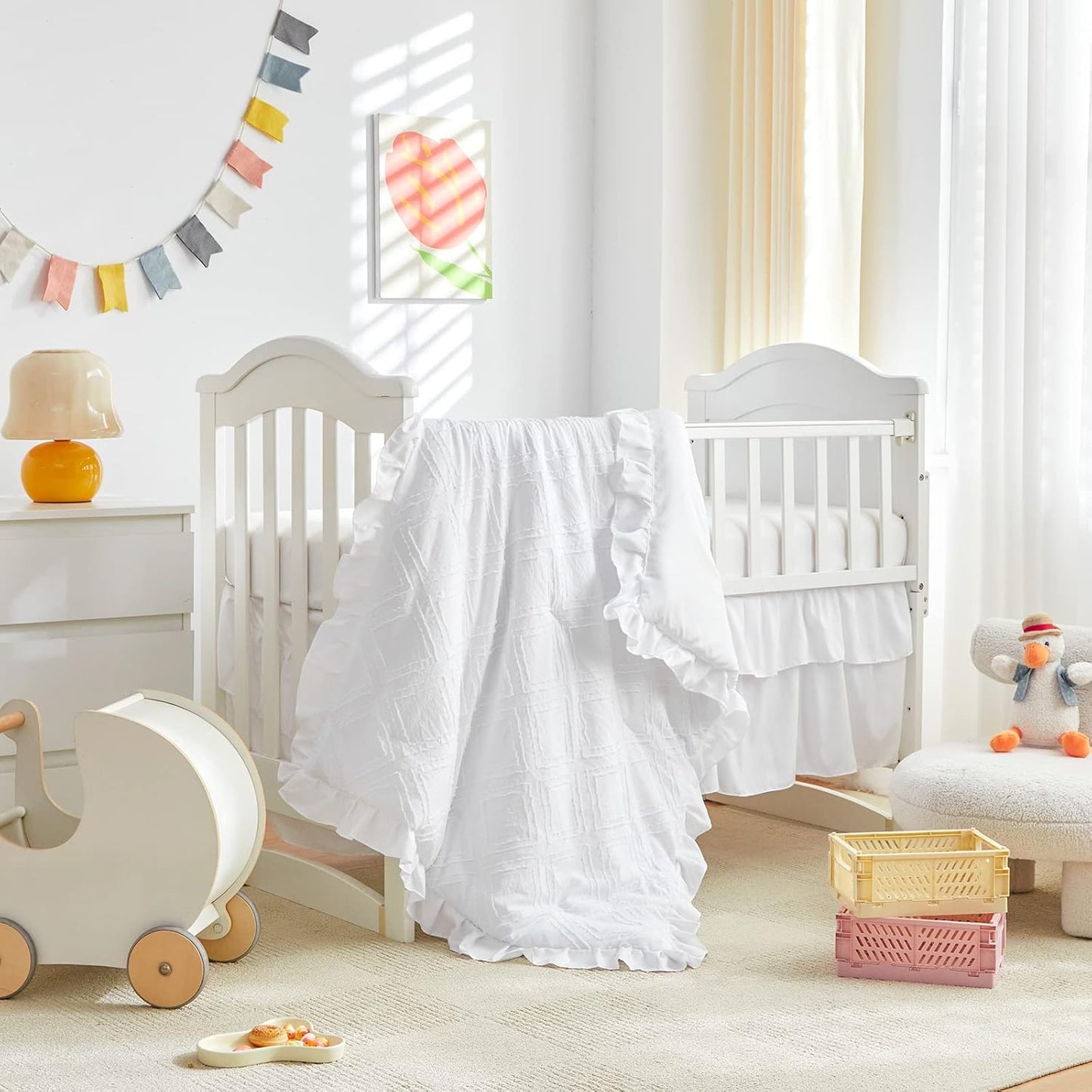 Tufted Ruffle Crib Bedding Set 3 Pieces Baby Boho Quilted Comforter with Fitted Sheet and Bed Skirt - Cute Ruffled Shabby Chic Baby Bedding Soft Blanket Design White
