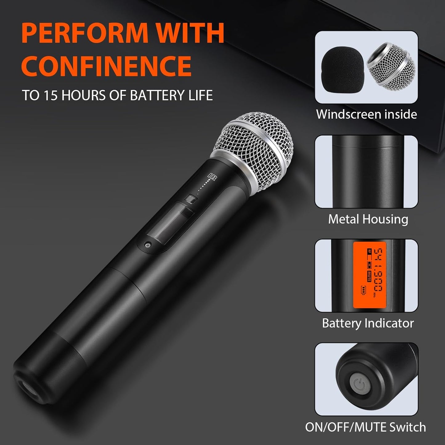 200-Channel Wireless Microphones System, Dual UHF Metal Cordless Mic Set, Auto Scan, Long Range 200-240Ft,16 Hours Use for Karaoke Singing, Church, 2022 Version(WM333)