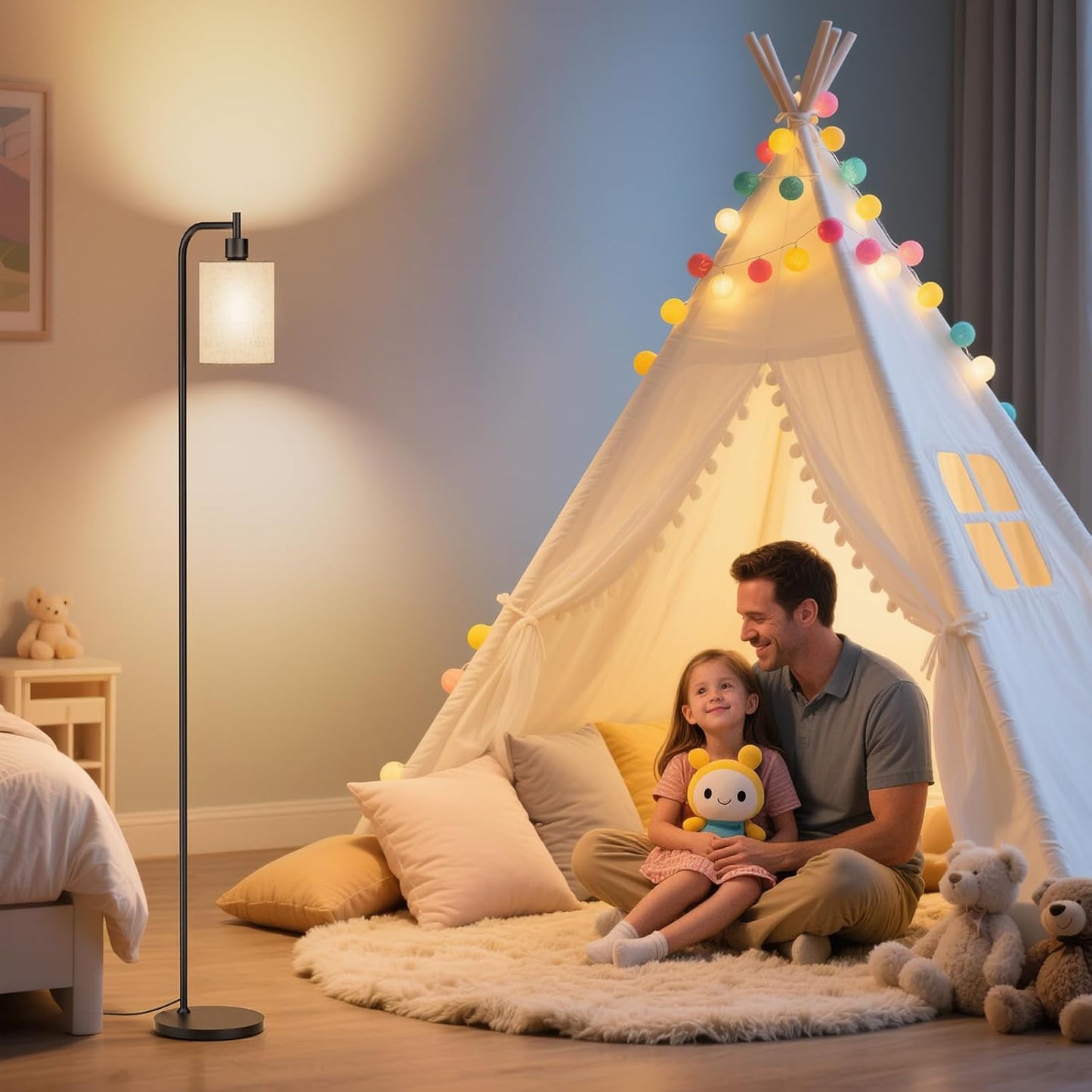 Floor Lamp with Linen Shade, Dimmable Tall Standing Lamp with Remote Control & 3 Color Temperatures, Modern Floor Lamps for Living Room Bedroom Office Corner, 9W LED Bulb Included