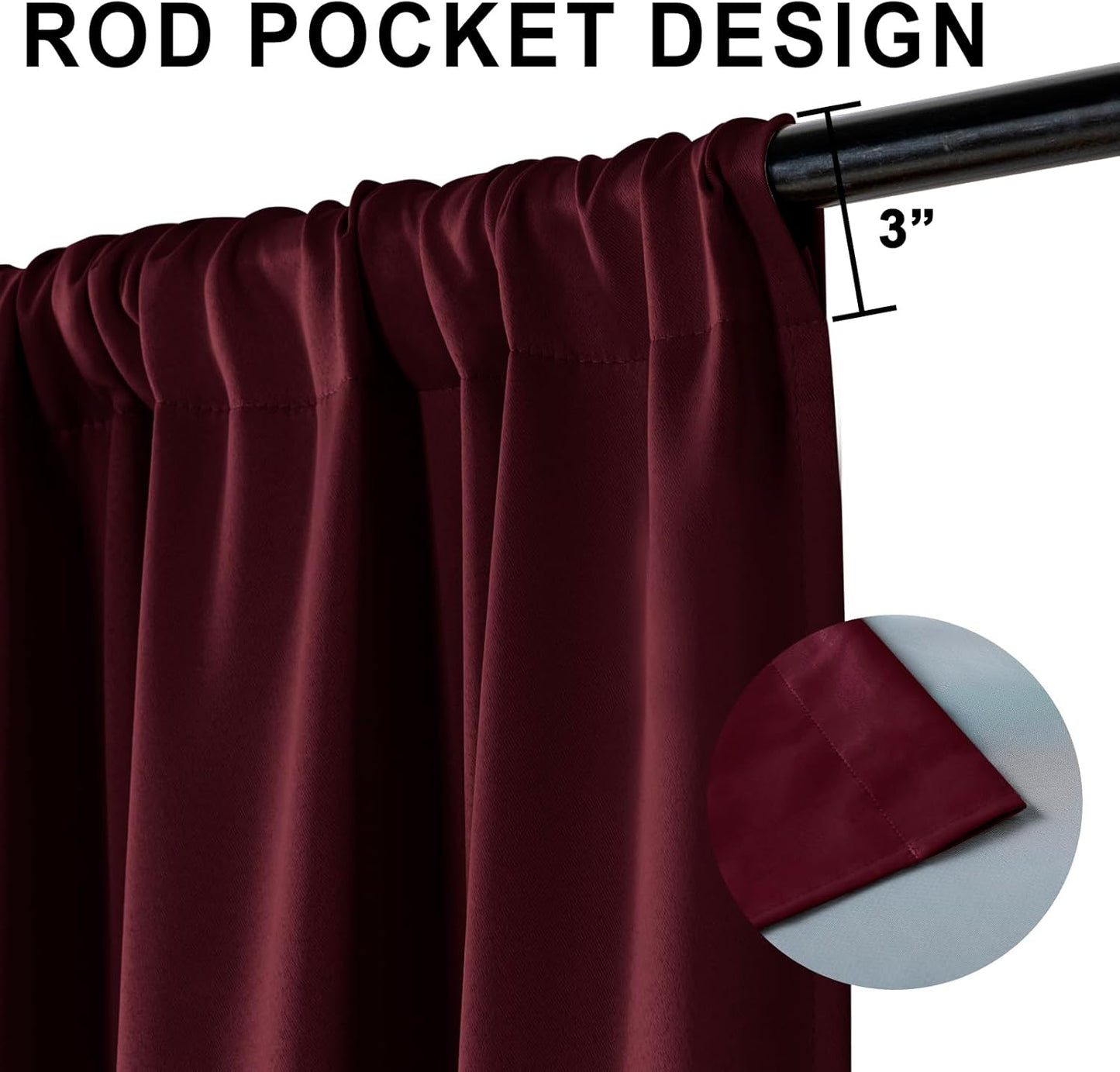 XWZO 100% Blackout Curtain Panels- Rod Pocket Thermal Insulated Black Liner Curtains, Noise Reducing and Heat Blocking Drapes for Hall and Studio Windows with Tiebacks, Burgundy, W70 x L84, Set of 2