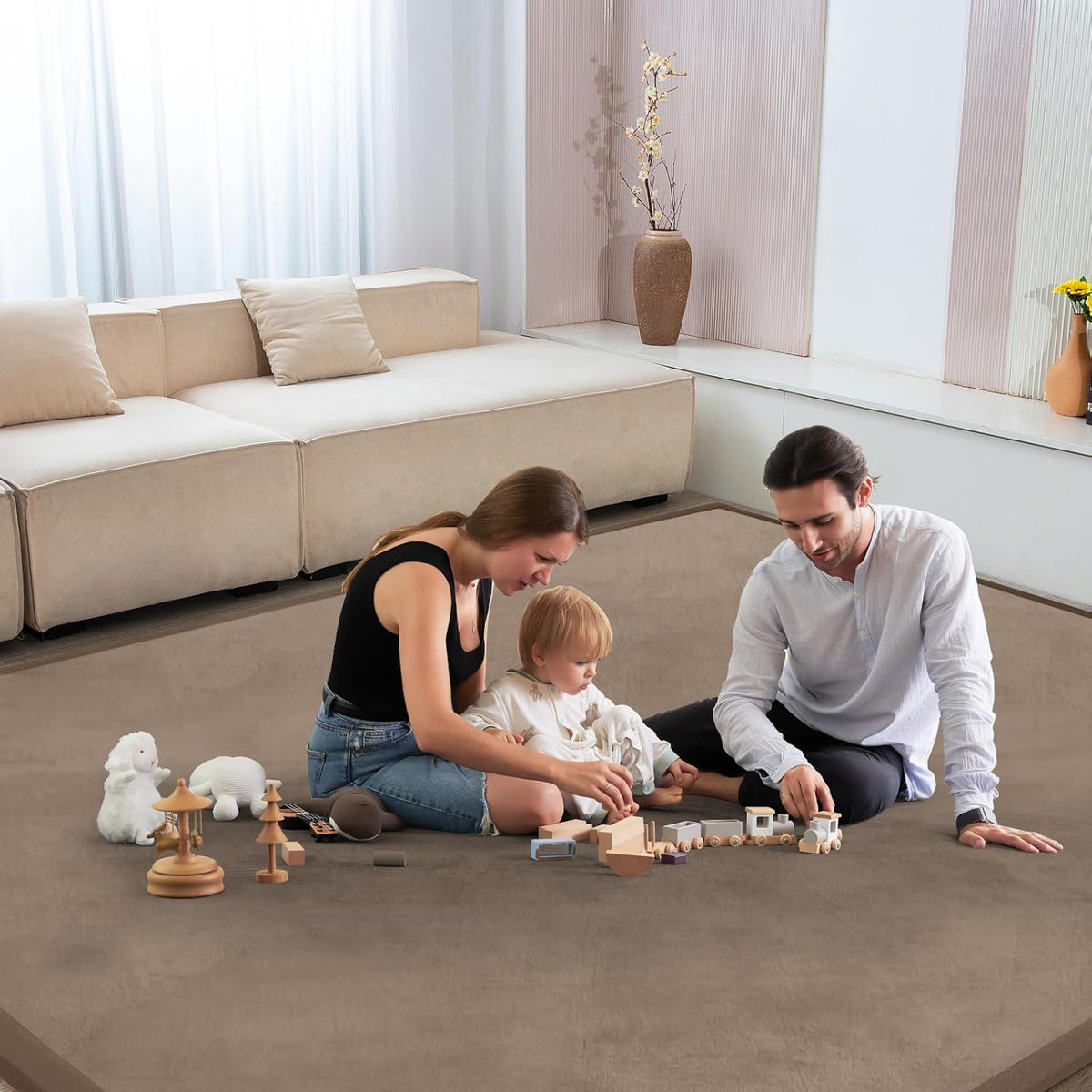 Baby Play Mat for Floor Tummy Time Mat Nursery Rug Muscle Mat Area Rug Playroom Rug Tatami Mat 9'2"x6'7" Memory Foam 1.3" Thick Crawling Mat for Babies,Toddlers, Infants, Kids,Floor Mat(Brown)