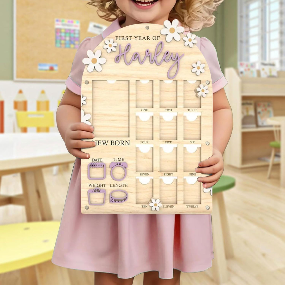 Personalized My First Year Photo Frame | 12 Months Picture Frame For Baby First Year | Displays One 4x6 Photo and Twelve 2x3 Pictures | Birthday Party Decor Newborn Memory Keepsake, Daisy Florals
