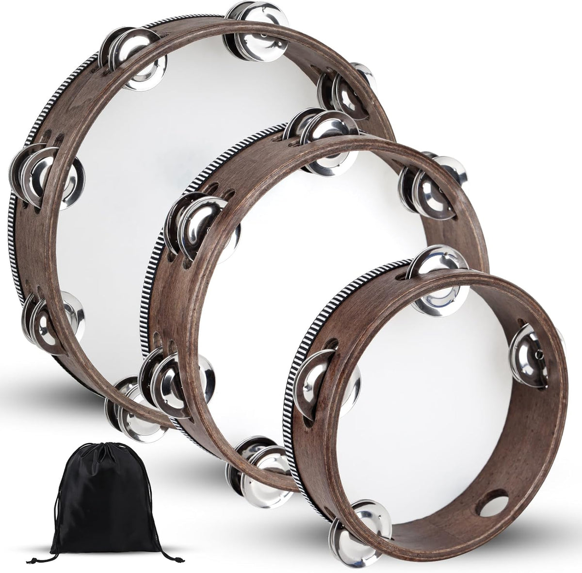 Wooden Hand Held Percussion Tambourine with Storage Bag - 6+8+10 Inches, Ideal for Church, Wedding, Party, Dance, Photo Shoot