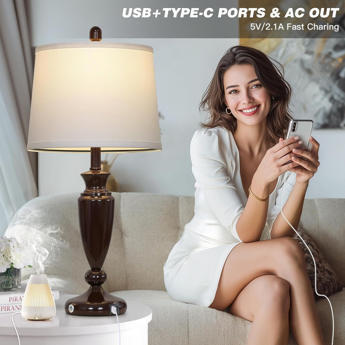 27'' Brown Living Room Lamps Set of 2, 3 Way Touch Control Table Lamps with USB A+C Ports, Modern Bedside Lamps, Elegant Metal Nightstand Lamps for Bedroom Office End Table Decoration