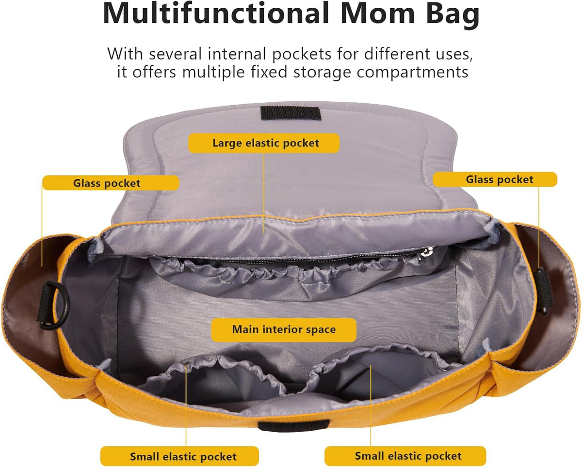 SUNVENO Universal Stroller Organizer with Cup Holder and Shoulder Strap, Cute Cartoon Cat Design, Diaper Bag with Multiple Inner Pockets, Fits Uppababy, Baby Jogger, Britax & Pet Strollers,Yellow