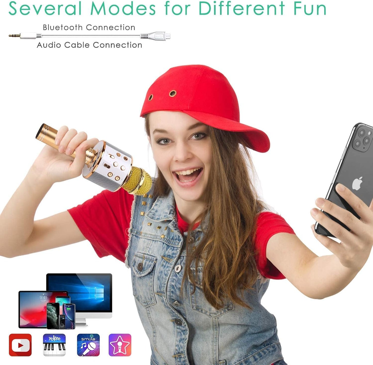 KIDWILL Wireless Bluetooth Karaoke Microphone for Kids, 5-in-1 Portable Handheld Karaoke Mic Speaker Player Recorder with Adjustable Remix FM Radio for Kids Girls Boys Teens Birthday (Gold)
