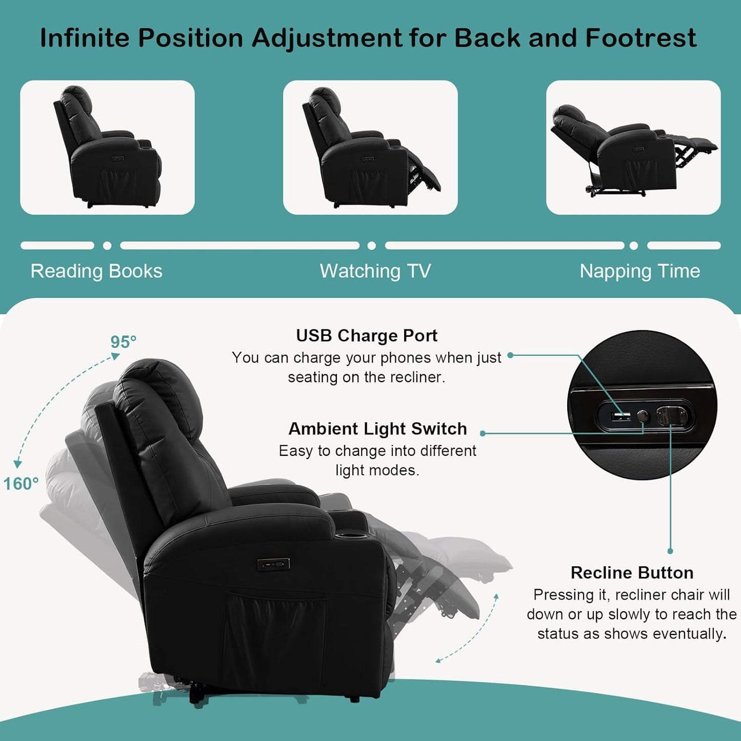 Power Recliner Chair with Heat and Massage for Adults - Home Theater Seating with LED Lights,Cup Holders,Side Pocket,USB Port - Recliner Sofa for Living Room(Black, Set of 2)