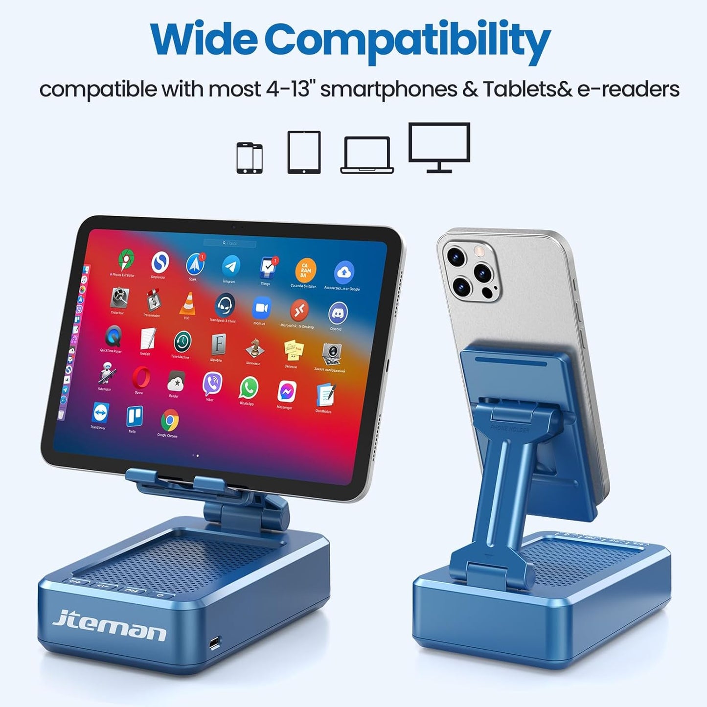 JTEMAN Phone Stand with Wireless Bluetooth Speaker, HD Surround Sound Bluetooth Speaker for Desk Perfect for Home Kitchen Gadgets Gifts,Compatible with iPhone/ipad/Samsung Galaxy(Blue)