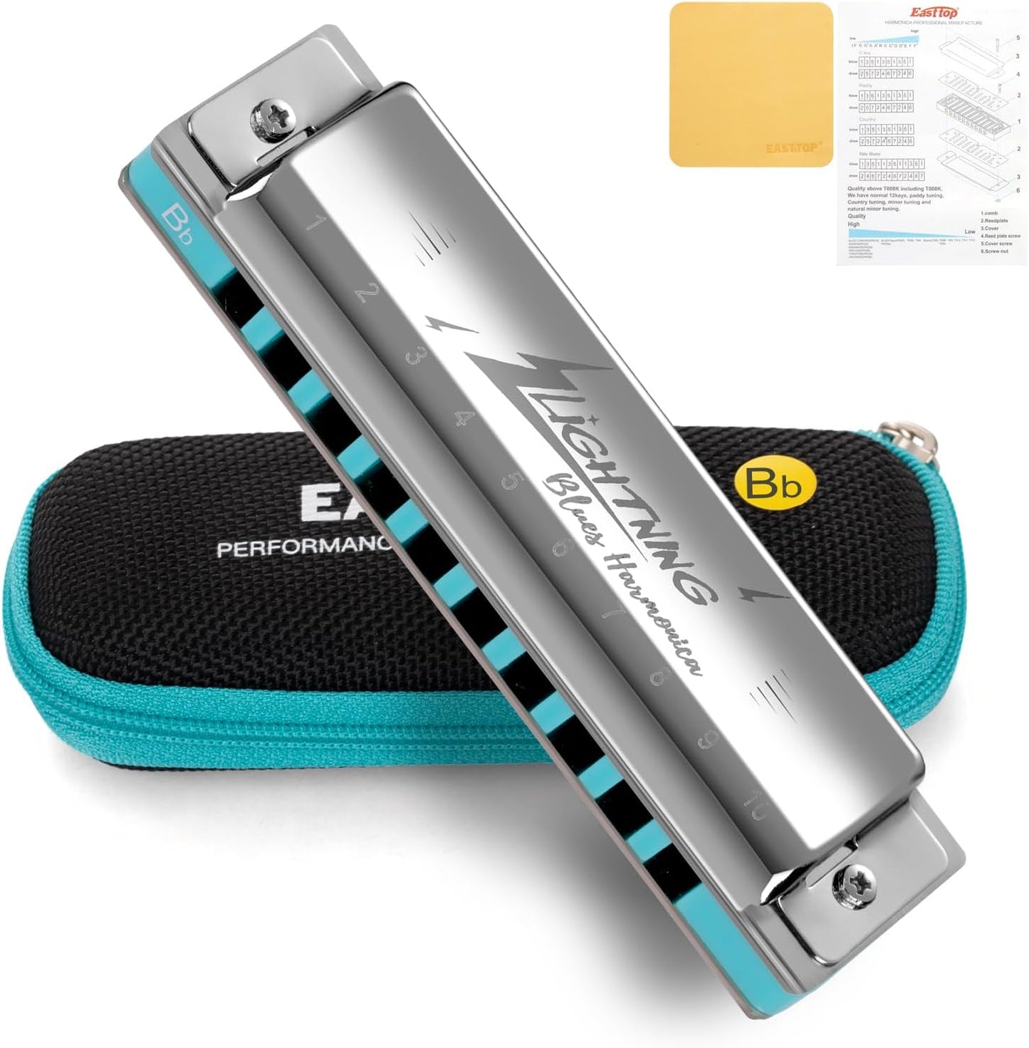 East top Harmonica, Advanced Diatonic Harmonica Key of Bb, 10 Holes Blues Harp Mouth Organ Harmonica with Silver Cover, Blues Harmonicas For Adults, Professionals and Students