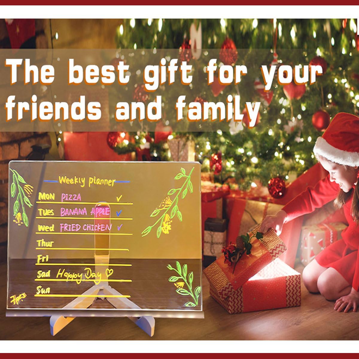 LED Drawing Board, Light Up Erasable Acrylic Message Board with Night Light, Neon Writing Tablet with Adjustable Stand & 12 Color Pens for Kids, Office, and Home Decor (11.8 * 7.9in)