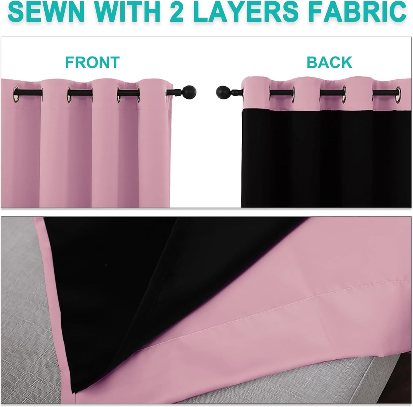 NICETOWN 100% Blackout Short Curtains with Black Liners, 2 Panels, 37"W by 63"L, Crystal Pink, Solid Thermal Insulated Full Blackout 2-Layer Lined Drapes, Energy Efficiency Window Drapes for Bedroom