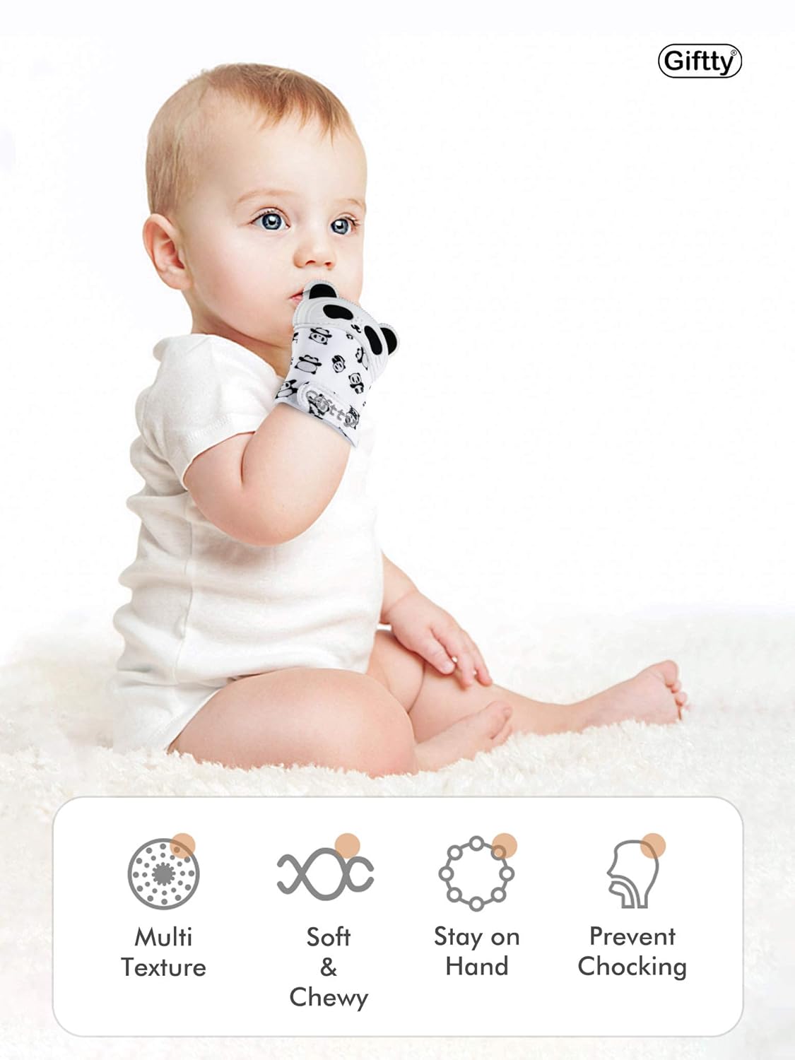 Giftty Baby Teething Mitten Panda Hand Teether Soothing Glove Wearable Teething Toy with Crinkle Sound, Multi Textured for Infants 3-12M (1 Pair)