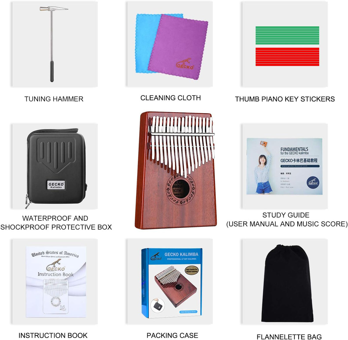 GECKO Kalimba 17 Keys Thumb Piano with Waterproof Protective Box, Tune Hammer and Study Instruction, Portable Mbira Sanza Finger Piano, Meditation Sound, Gift for Beginners and Professional