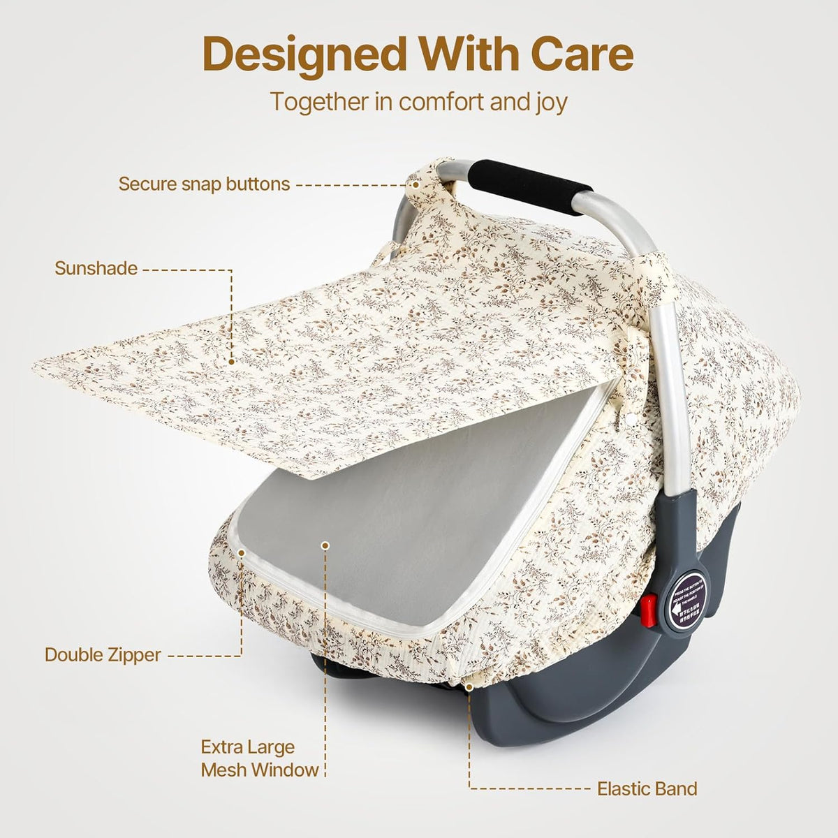 Beberoad Love Baby Car Seat Cover, Breathable Mesh Window & Windproof Canopy, Universal Fit for Infant Car Seats – Lightweight, Easy Install (Beige)