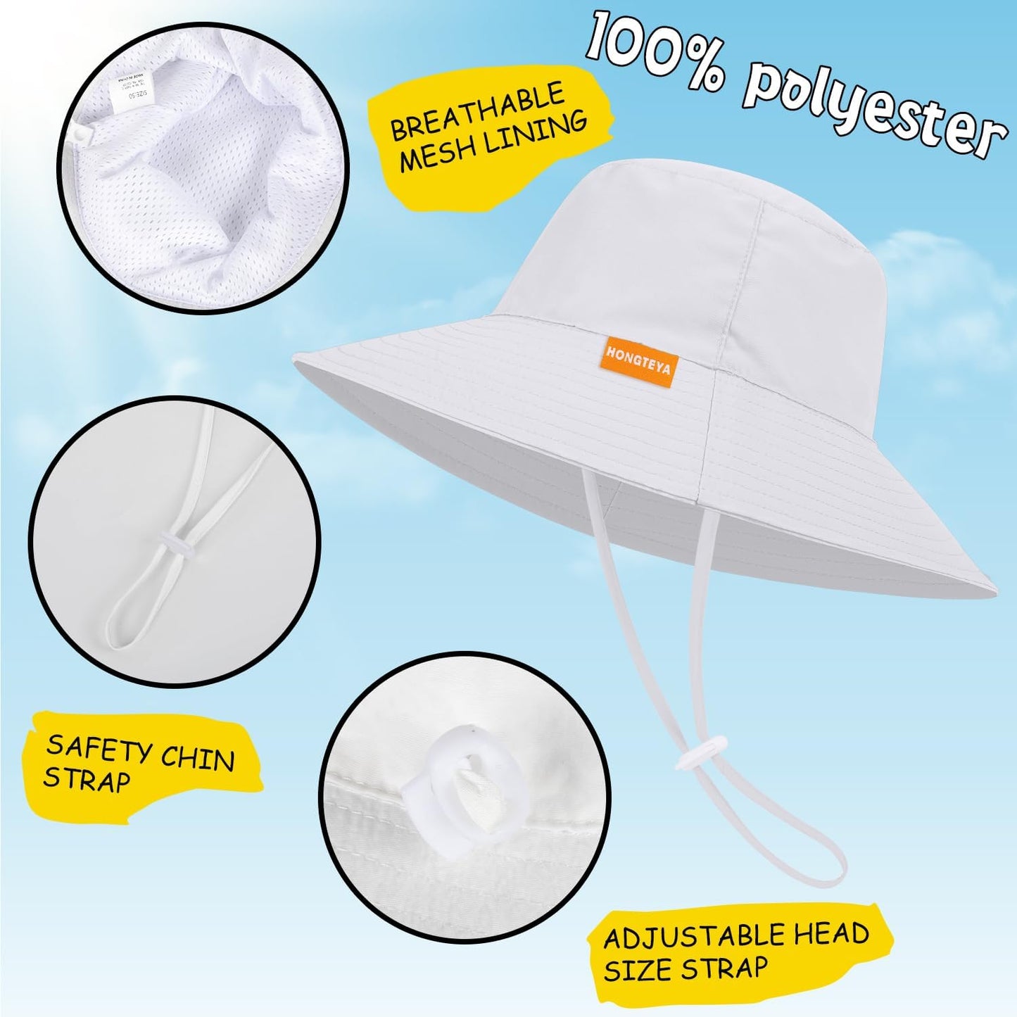 Baby Sun Hat Kids Summer UPF 50+ Toddler Bucket Hat Wide Brim Adjustable Beach Hats for Boys Girls Age 0-6 Years
