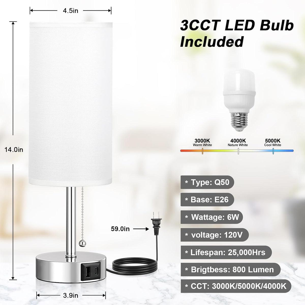 White Table Lamp for Bedroom Nightstand - Small Lamp with USB A + C Charging Port, 3 Color Temperatures Pull Chain Night Stand Light, Silver Base Desk Reading Lamp for Living Room