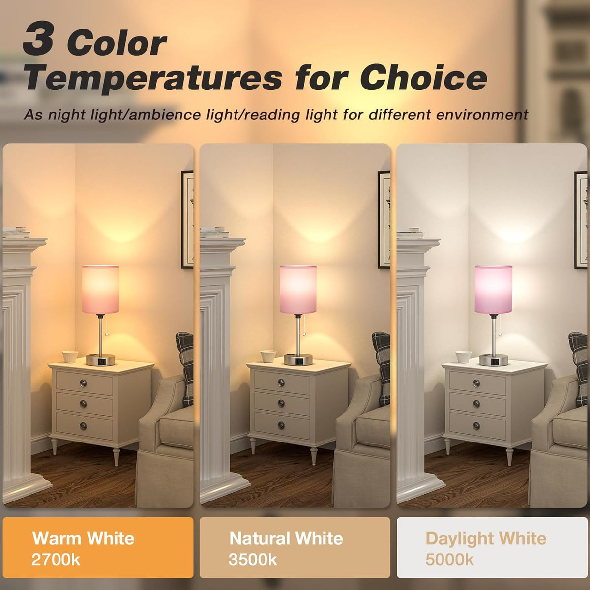 Pink Bedroom Lamp for Bedside - 3 Color Temperatures Desk Lamp with USB C and A Ports, Pull Chain Table Lamp with AC Outlet, Nightstand Lamp with Silver Metal Base for Kids Girls