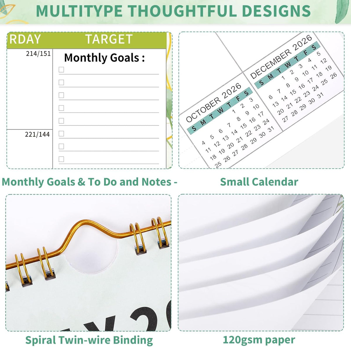 Wall Calendar 2025-2026, 18 Month Large Desk Calendar from July 2025 to December 2026 14.5" x 11.8" Monthly Calendar with Twin-Wire Binding for Home Office Planning Personal Organisers, Green Leaf