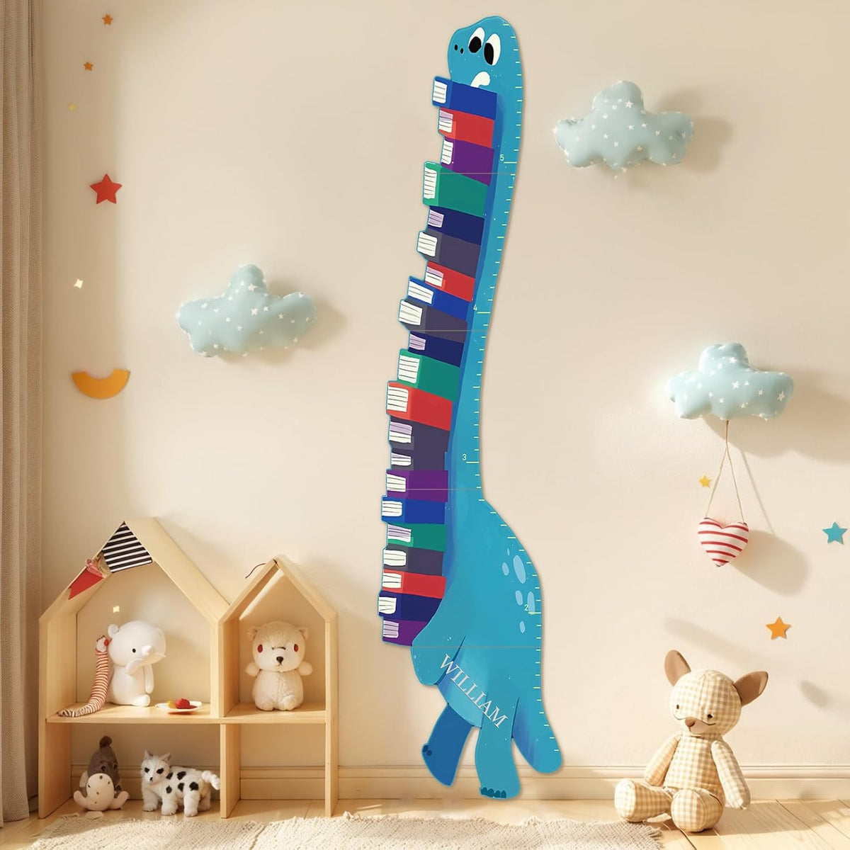 Personalized Name Growth Chart for Wall, Dinosaur Book Wooden Growth Chart Kids Height Chart, Wall Measurement for Kids, Height Chart for Wall, Growth Ruler for Toddler Playroom Decor
