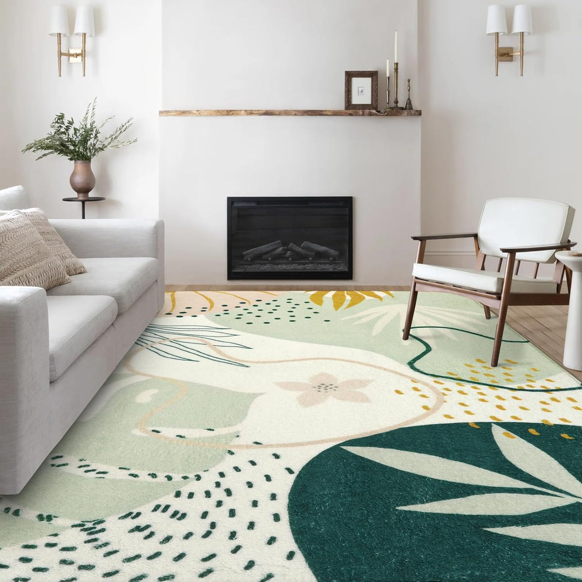 Lahome Green 10x14 Rug for Living Room, Large Washable Area Rug Non-Slip Ultra-Thin Stain Resistant Rug for Dining Room Table, Soft Botanical Print Indoor Rug for Bedroom Office (Green, 10'x14')