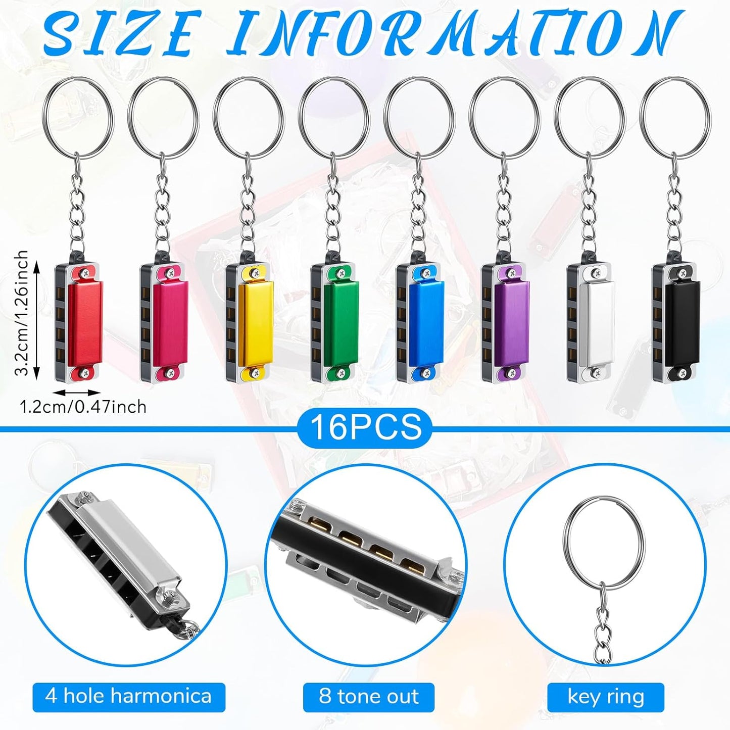Ecally 16 Pcs Mini Harmonica Keychain for Kids Operation Christmas Favors Portable Wind Instruments 4 Holes 8 Tunes Harmonica Music Party Favors Cute Music Keychain Accessory (Multicolor)