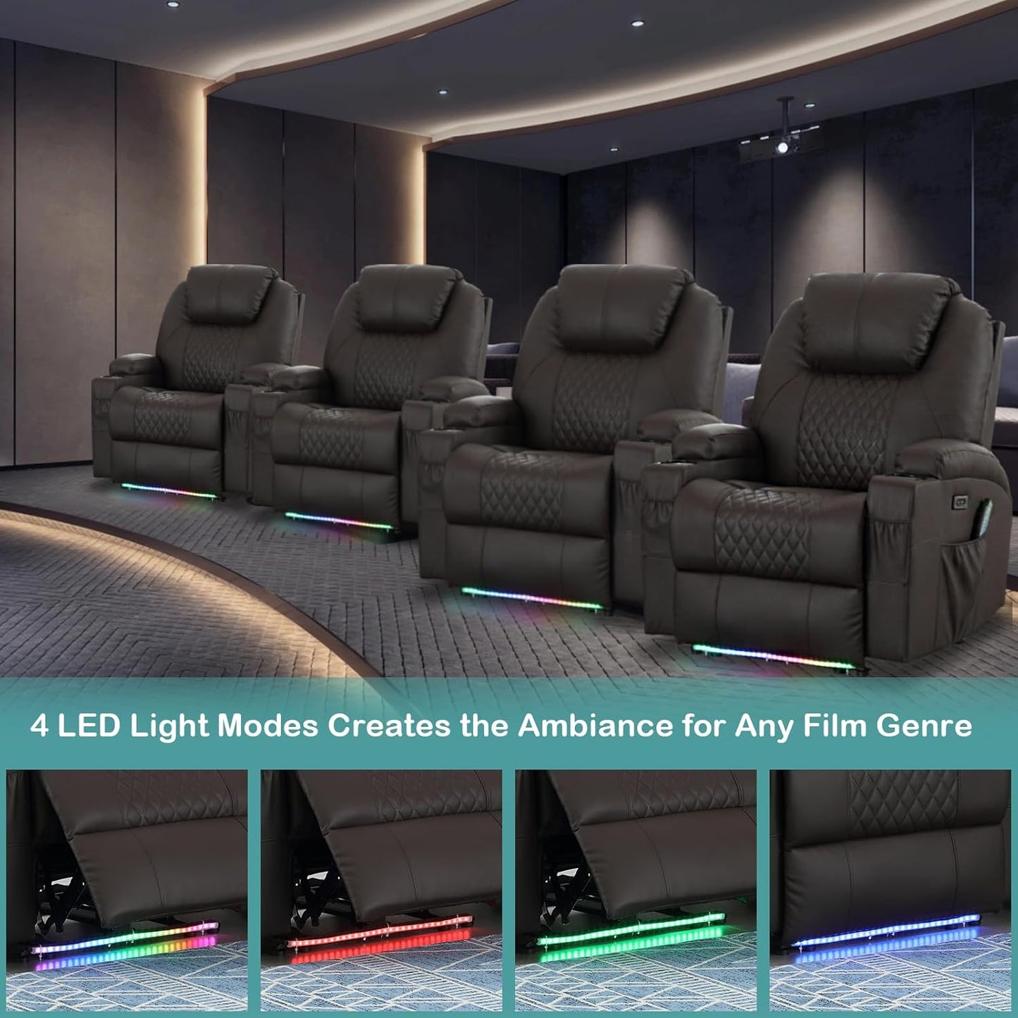Power Recliner Chair with Heat and Massage for Adults - Home Theater Seating with LED Lights,Cup Holders,Side Pocket,USB Port - Recliner Sofa for Living Room(Brown, Set of 2)