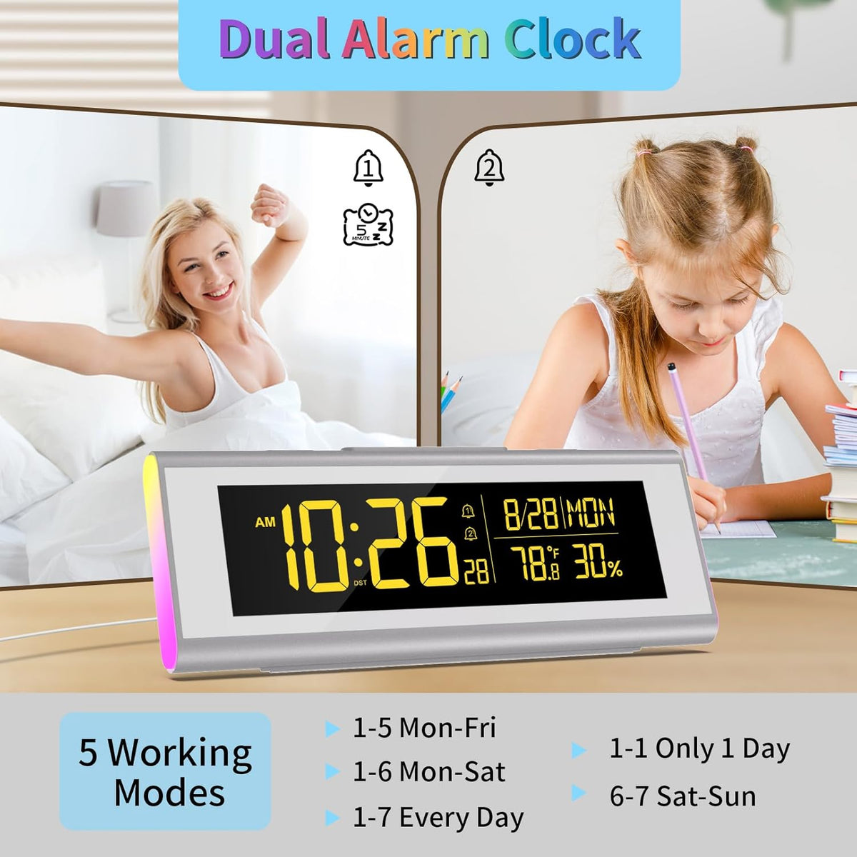 Digital Alarm Clocks for Bedrooms, LED Desk Clock with RGB Night Light, Brightness Dimmer, Date, Week, Temperature Large Display, Modern Decor for Desk, Office, Gift for Kids, Teen, Adults (Silver)