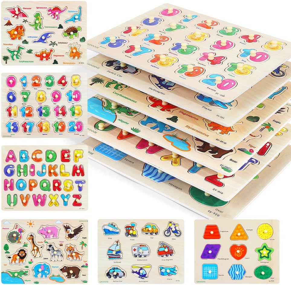 GRINNNIE Wooden Peg Puzzle for Toddlers, 6 Pack Toddler Puzzles Set for 3 4 5 Years Old (Alphabet Number Shape Animal Dinosaur Vehicle), Preschool Education Learning Puzzle Toys for Girls and Boys