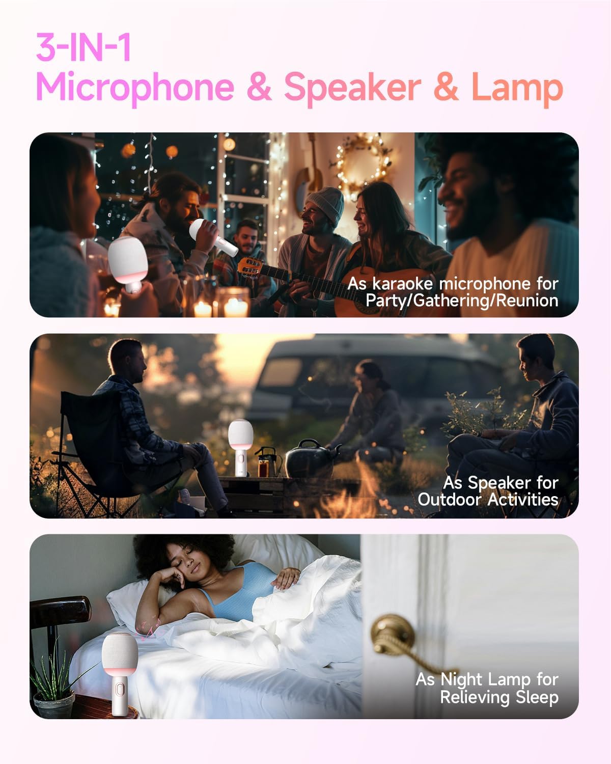 Wireless Bluetooth karaoke Microphone, 5-in-1 Portable Handheld Microphone for iPhone, Karaoke Microfono with Dynamic Lights for Car / Home Party, Music Record, Duet Singing Mic for Kids Adults-White