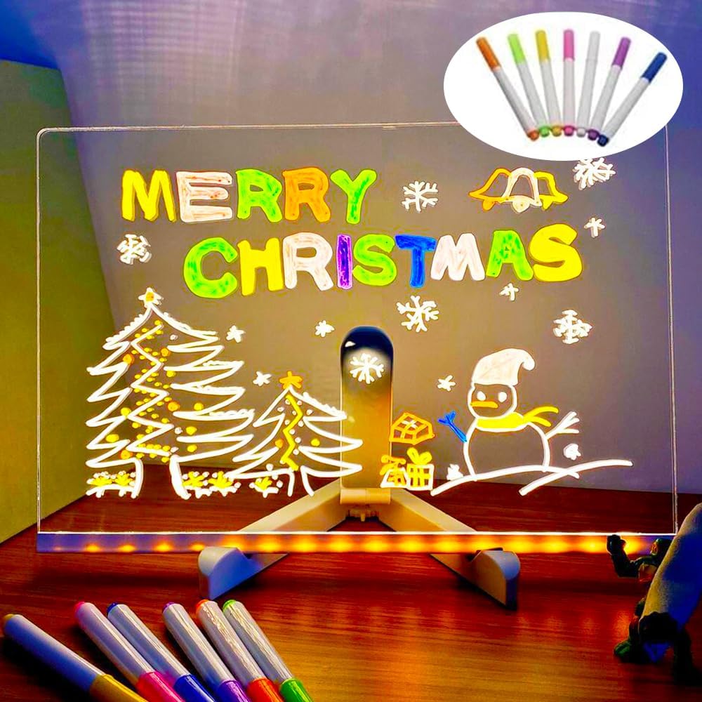 LED Note Board with Colorful, Lighted Acrylic Dry Erase Board, Adjustable Stand and 7 Pens (7.9' X 7.9')
