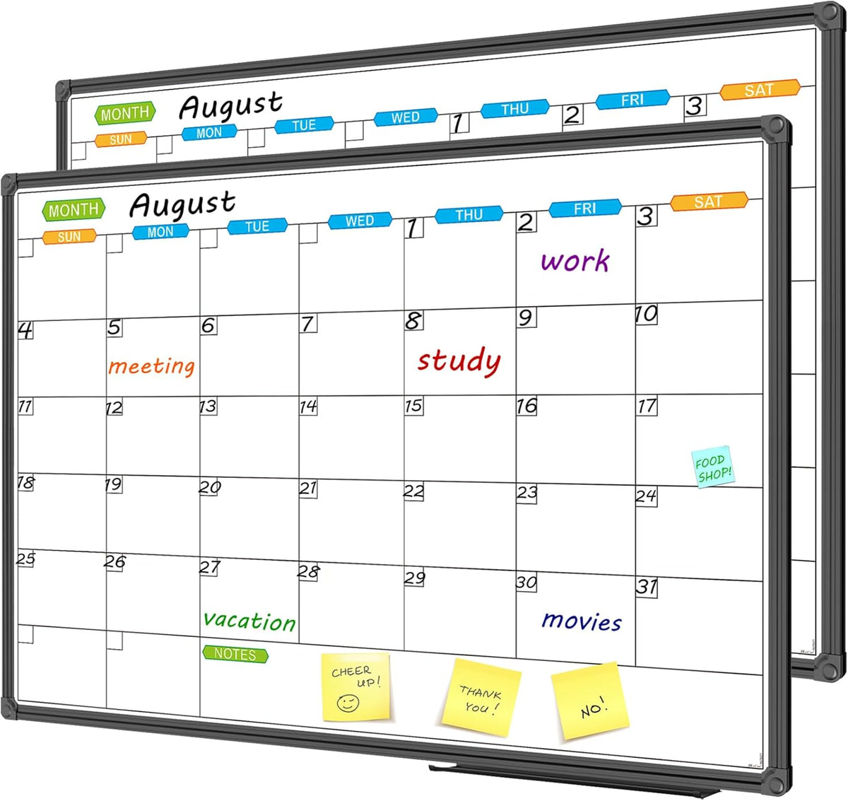 JILoffice Dry Erase Calendar Whiteboard - Magnetic White Board Calendar Monthly 36 X 24 Inch, 2 Pack, Black Aluminium Frame Wall Mounted Board for Office Home and School