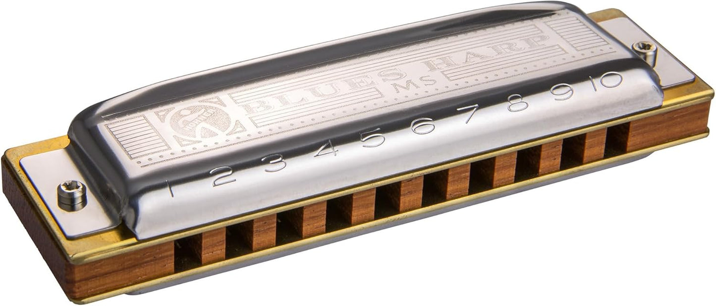 Hohner Harmonica 532 Blues Harp MS - Key of E Bundle with Case, Pouch, Harmonica Beginner Online Manual, and Austin Bazaar Polishing Cloth