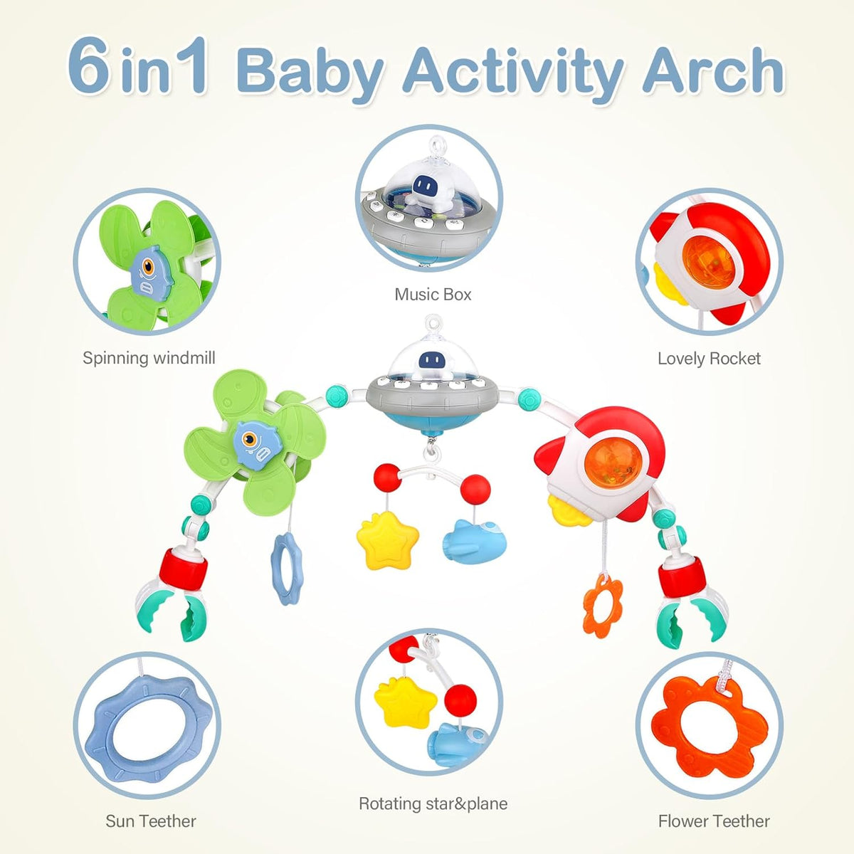 Musical Baby Stroller Arch Toys, Travel Car Seat Toys, Baby Play Arch Crib Accessory Toys, Mobile for Bassinet, Pram Activity Arch Bar Toys for Babies Infants