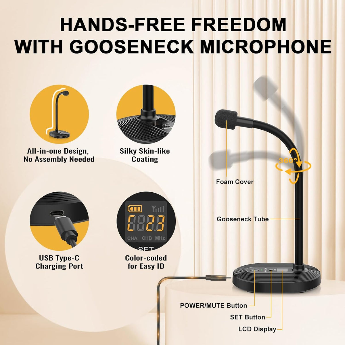 4-Channel Wireless Conference Microphone System, UHF Compact Cordless Mic Set w/ 4x10 Frequencies, 200ft Range, 4 Gooseneck Mics for Lecture, Church, Conference, Public Speaking (MWM-41-4G)