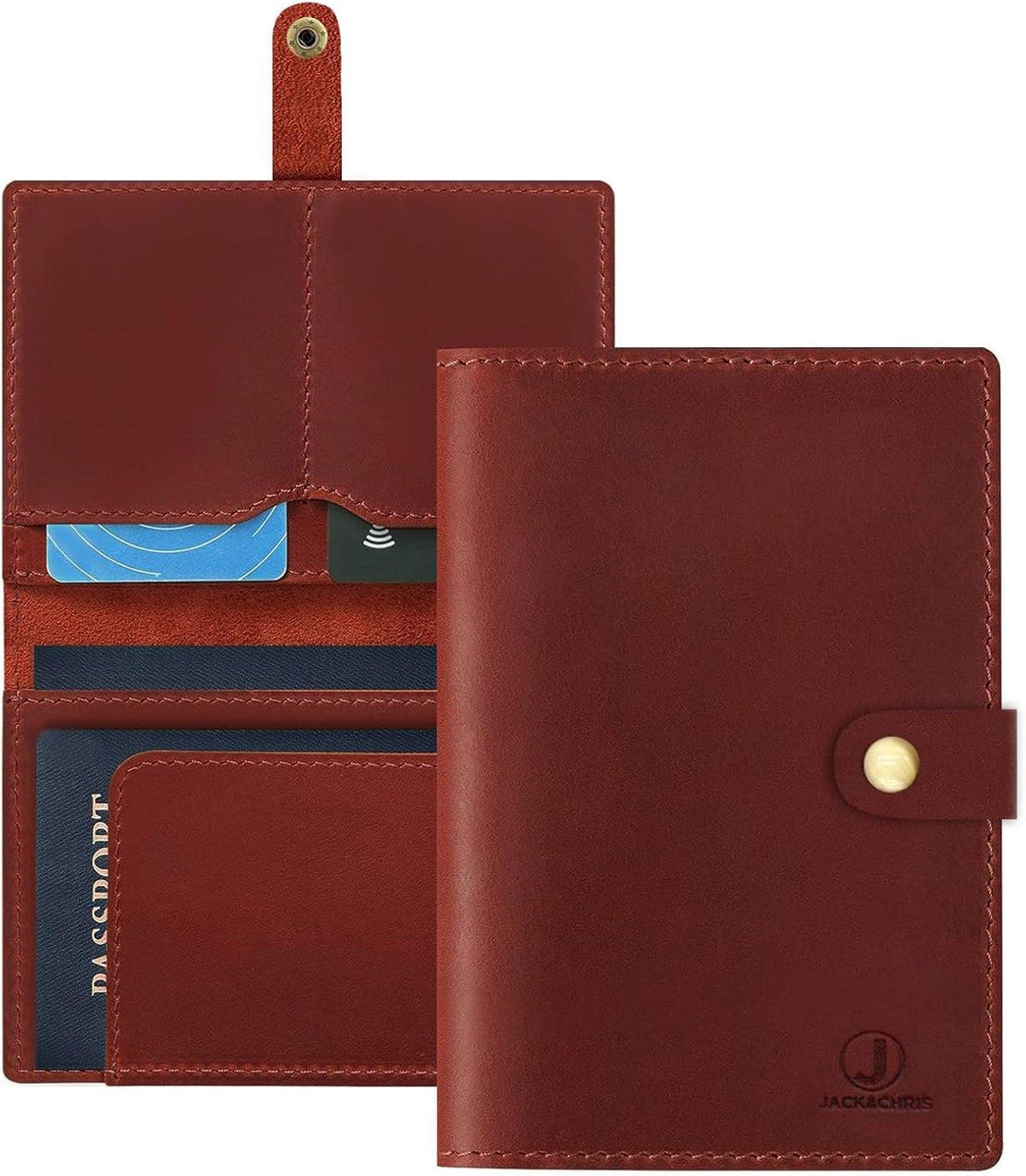 Jack&Chris Genuine Leather Passport Holder For Travel, RFID Blocking Handmade Passport Holder with Card Case Organized & Safe, Quality Travel Essentials for Women and Men for Gifting, Red
