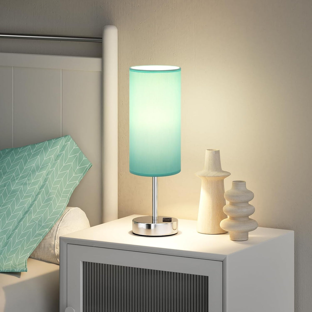 Teal Touch Bedside Lamps for Bedroom - Small Coastal Nightstand Lamp with USB-C and USB A Charging Ports, 3 Way Dimmable Control Table Lamp for Office, Dorm with Fabric Shade Silver Base