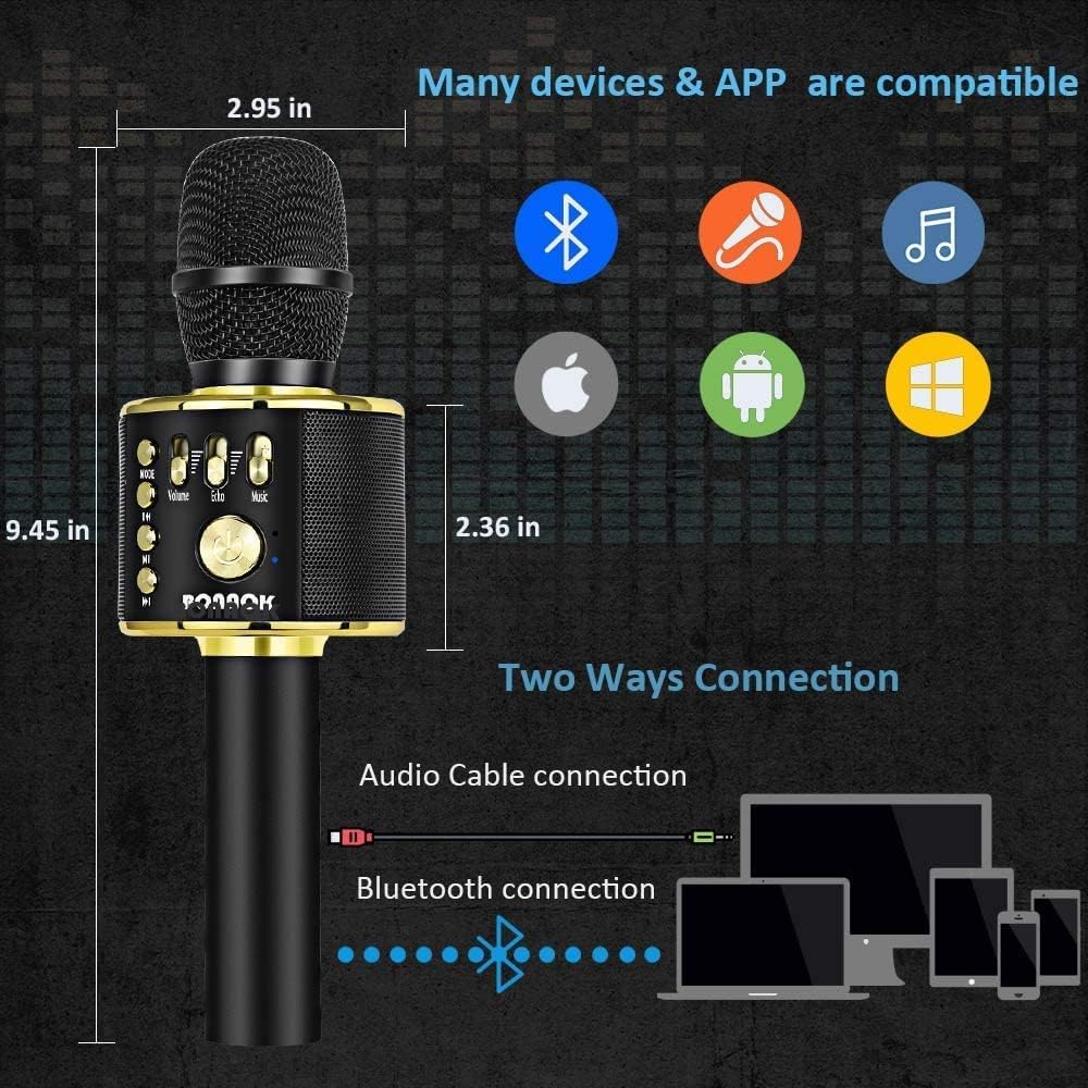 BONAOK Wireless Bluetooth Karaoke Microphone, 3-in-1 Portable Handheld Mic Speaker Machine for All Smartphones, Gifts to Girls Boys Kids Adults All Age Q37(Black Gold)