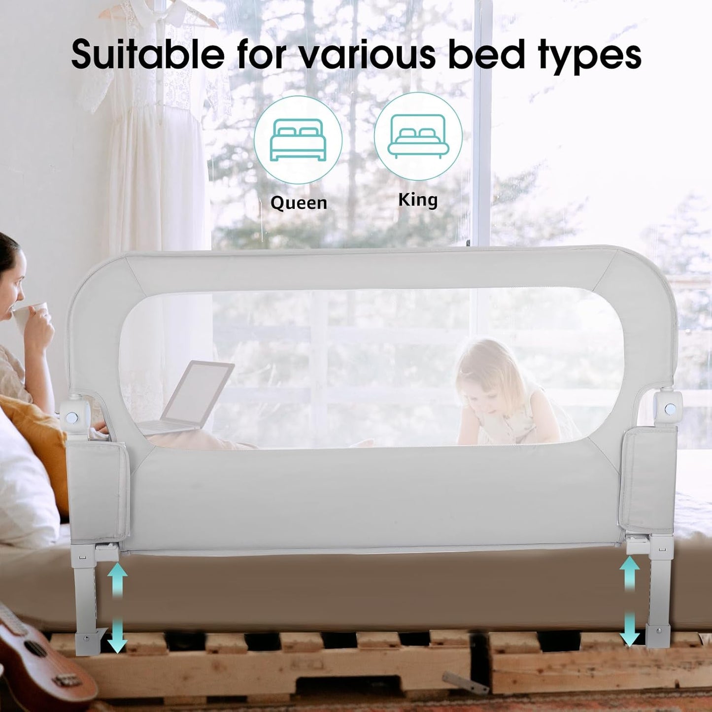 Baby Bed Rail Guard for Toddlers - 58.7" Toddler Bed Rails for Twin, Full, Queen, King Bunk Size Bed Swing Down Bedrail Extral Tall Child Safety Side Railing Guards for Kids