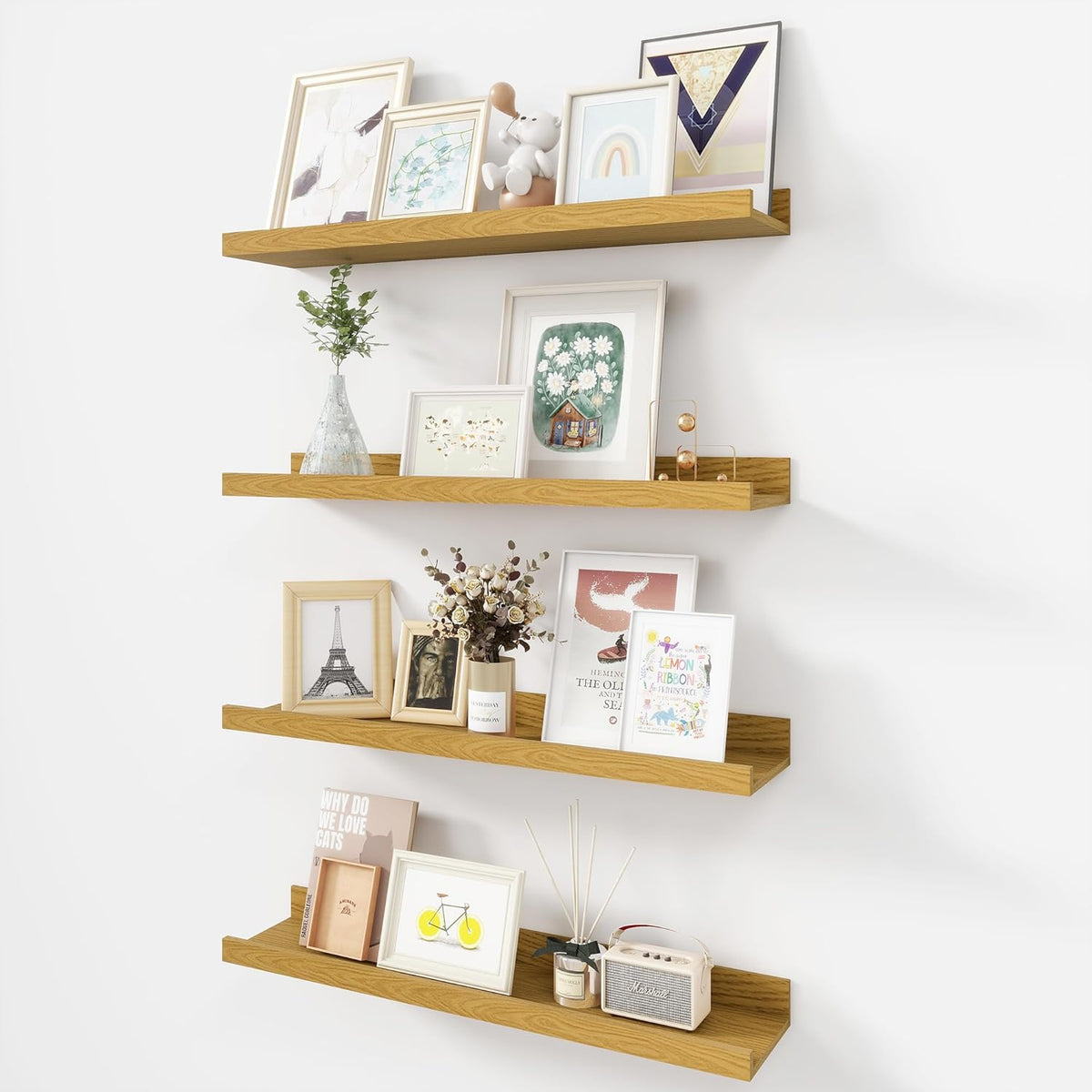 Picture Ledge Shelf, Wood Floating Shelves Set of 4, 24 inch Picture Ledge Shelves, Photo Ledge Nursery Book Shelves Wall Mounted for Living Room Kids' Room Bedroom, Color Oak