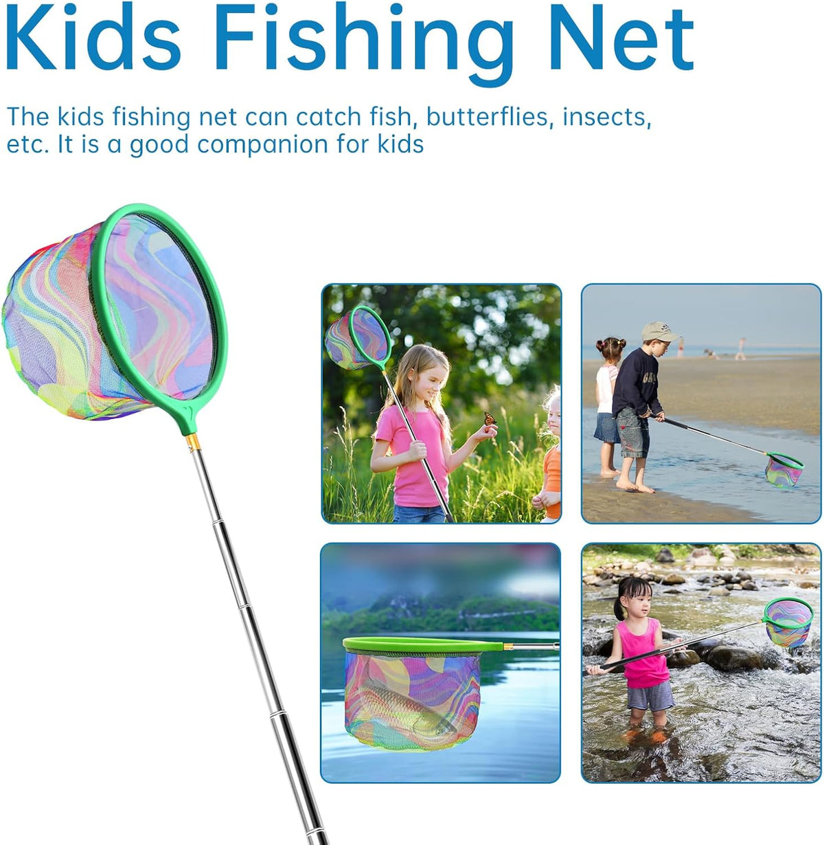 2PCS Fishing Net with Bucket, Telescopic Fishing Landing Net, Collapsible Kids Sand Bucket, Kids Fish Butterfly Catching for Freshwater Saltwater Outdoor Activities