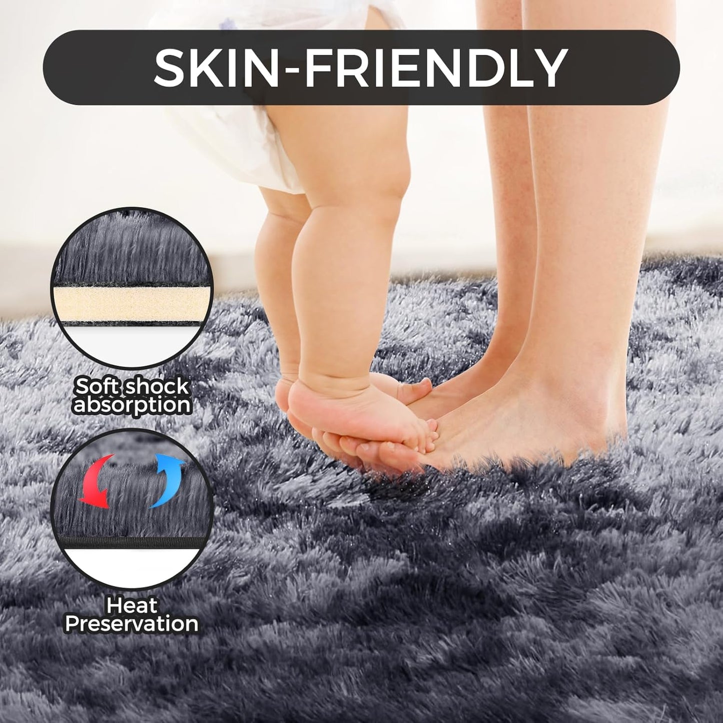 Ultra Soft Rug for Living Room, 9X12 Fluffy Shag Area Rug for Bedroom, Modern Shaggy Carpets Fuzzy Rug for Teens Dorm Nursery Home Decor Aesthetic, Upgrade Anti-Skid Durable, Tie Dye Black and Grey