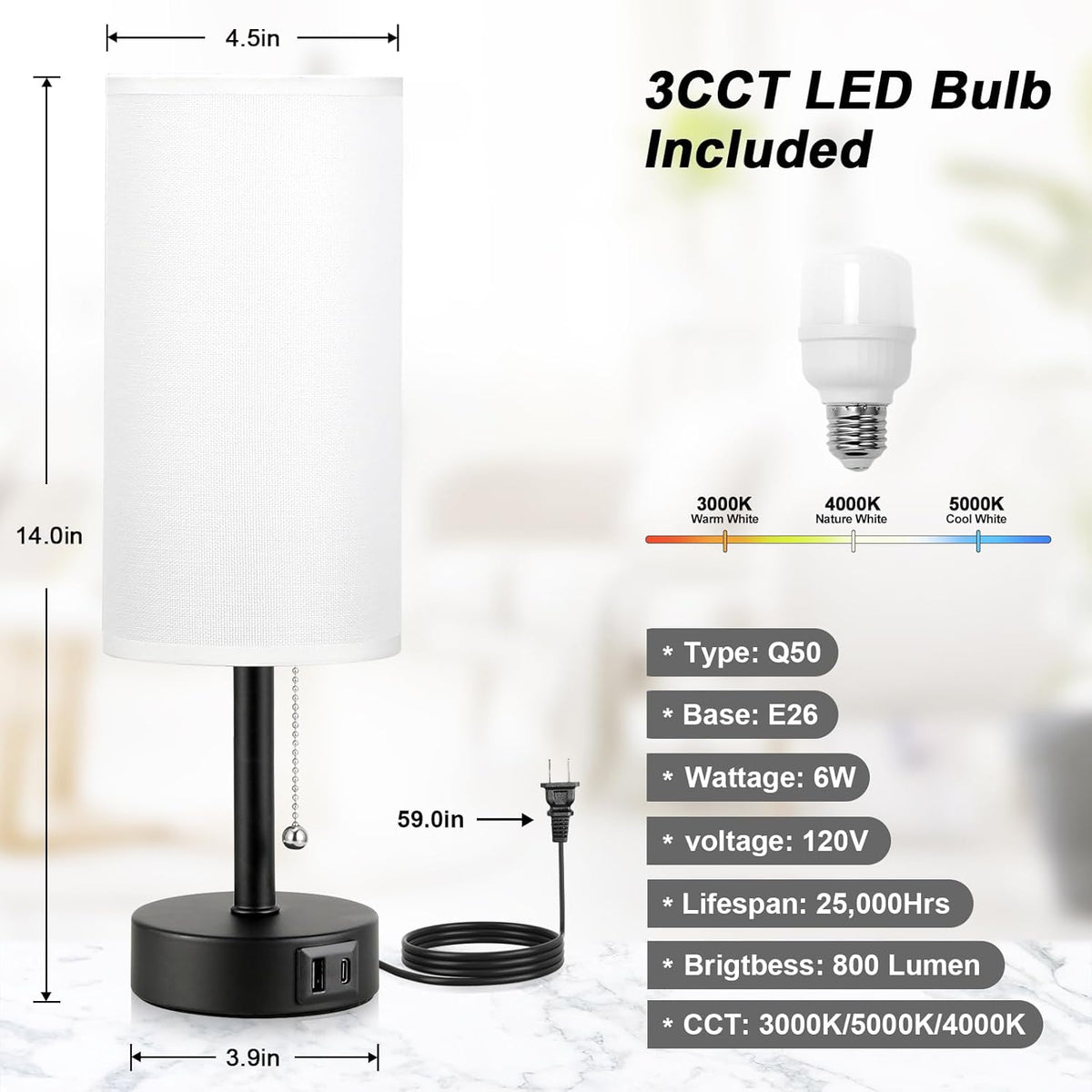 White Bedside Lamps for Bedroom Set of 2 - Nightstand Table Lamp with USB A + C Charging Port, 3 Color Temperatures Pull Chain Night Stand Light, Side Table Desk Reading Lamp for Living Room/Dorm