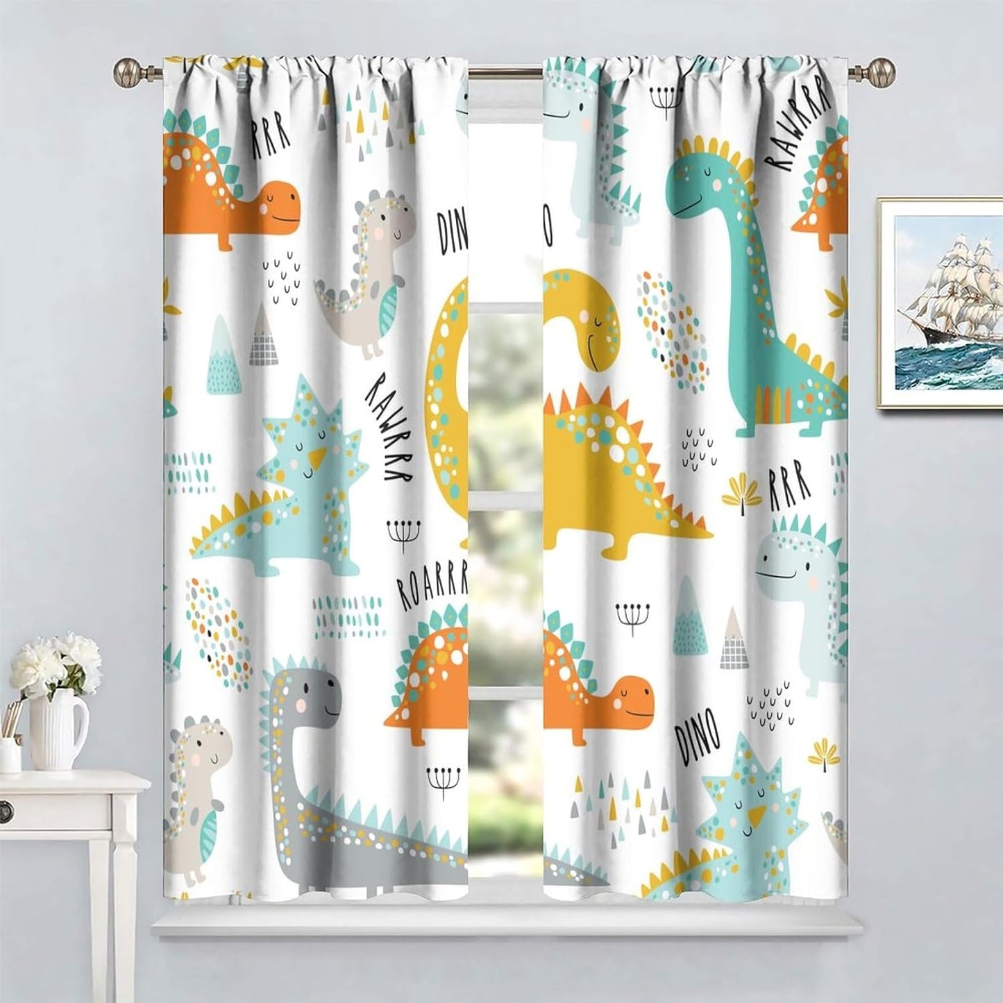Dinosaur Curtains for Kids Boys Girls Home Decor Childish Cute Dino Animals Print Pattern Rod Pocket Blackout Window Drapes for Nursery Baby Bedroom Playroom W31.5xL63in 2 Panels