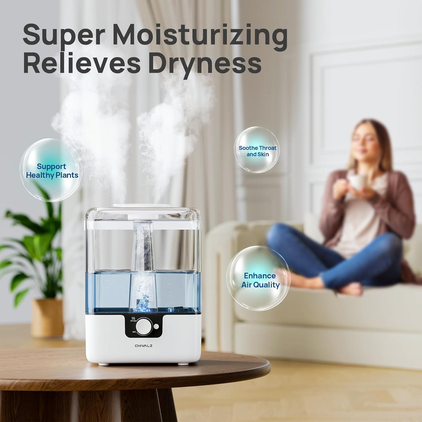 CHIVALZ 6L Humidifiers for Bedroom Large Room Home, Cool Mist Top Fill Humidifiers for Baby Nursery and Plants, 26dB Quiet, Nightlight, Up to 50 Hours, Oil Diffuser 1 Pack + 2 Mist Outlets White