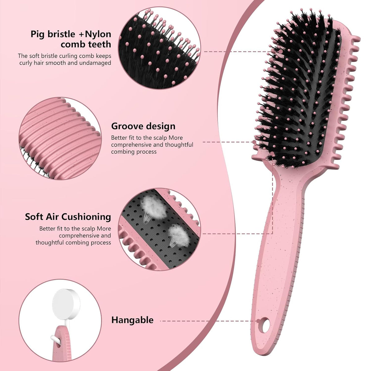 Curl Defining Brush, Curly Hair Brush, Slick Back Hair Brush, For Combing and Shaping Curls in All Hairstyles to Reduce Pulling (Pink)