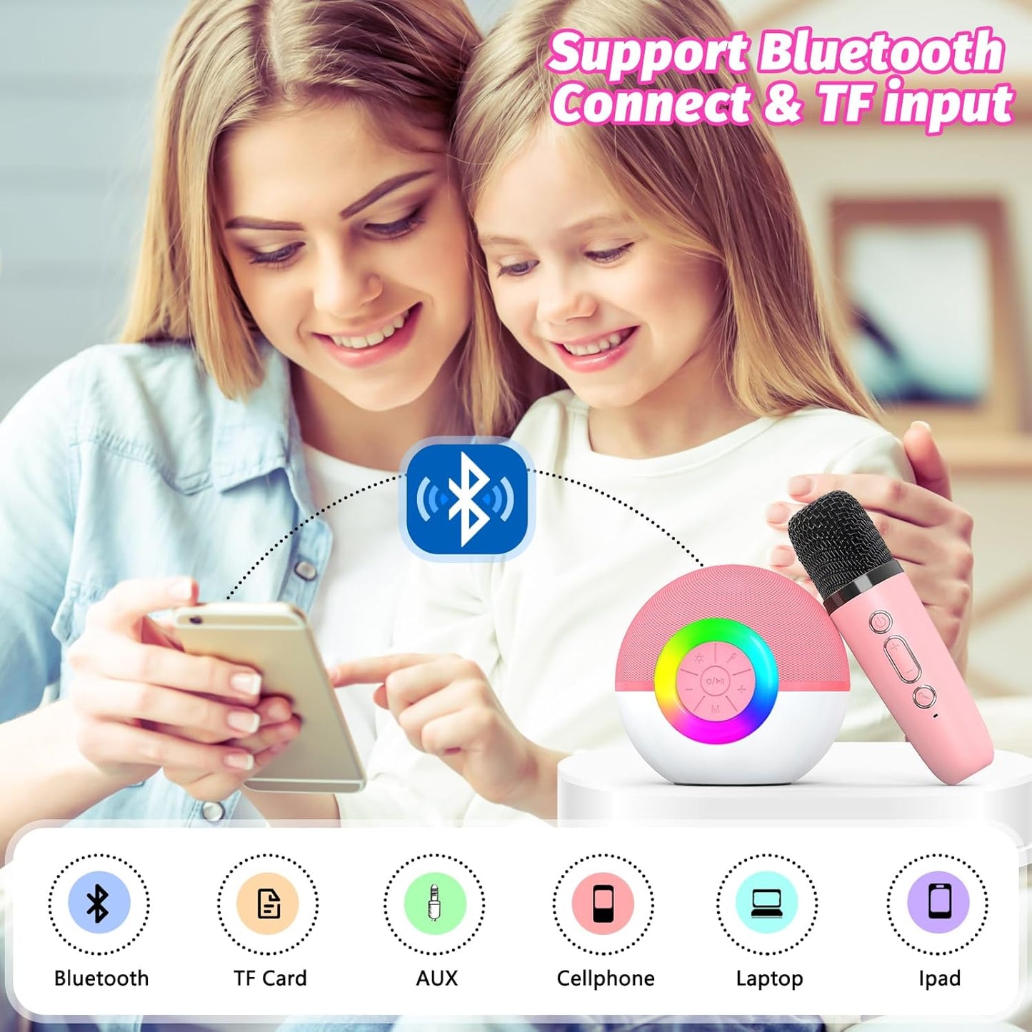 goopow Mini Karaoke Machine Speaker for Kids Adults, Portable Bluetooth Microphone Song Toys with LED Light, Best Chritmas Birthday Festival Gift for 3 4 5 6 7 8+ Year Old Girls Boys (Pink-2Mic)