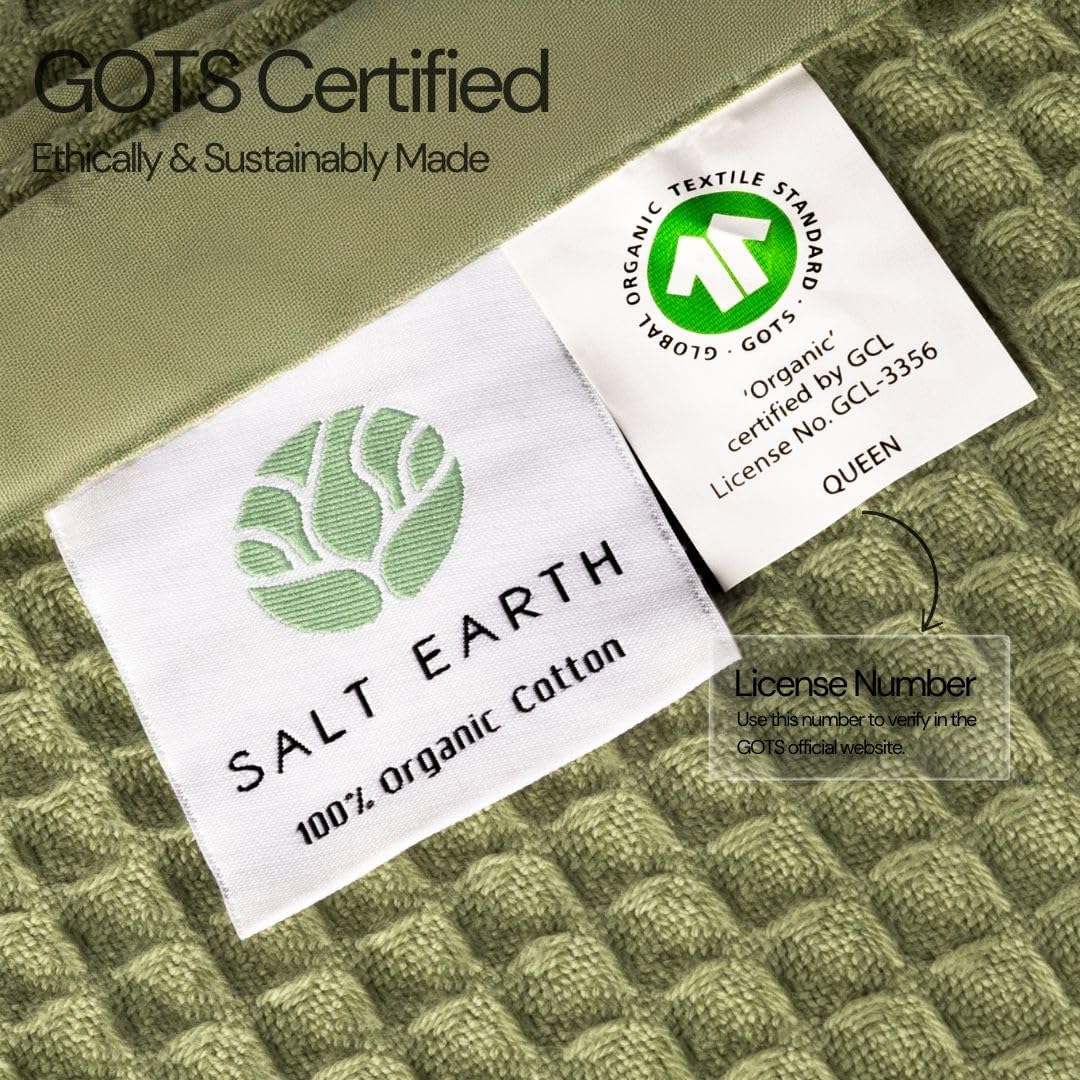 Salt Earth GOTS Certified 100% Organic Cotton Throw Blanket, 108"X90" Blankets & Throws for Bed, Throw Blanket for Couch,Modern & Cozy Blanket, All Seasons, Waffle Blanket, Soft Blanket (Mosstone)